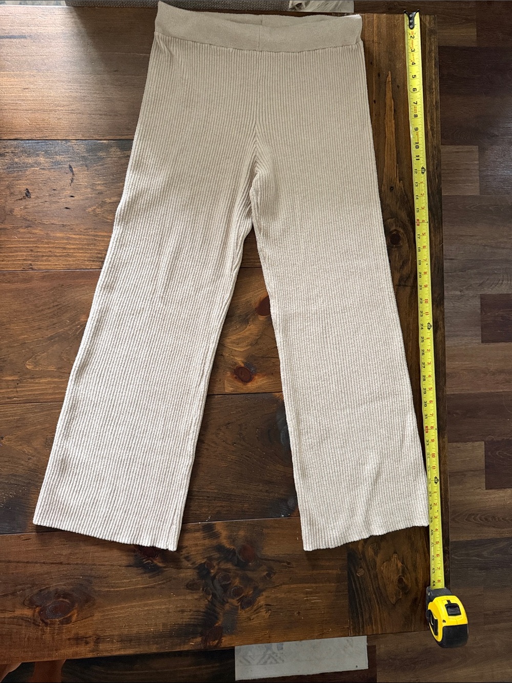 Pink Rose Ribbed Wide-Leg Knit Pants in Beige